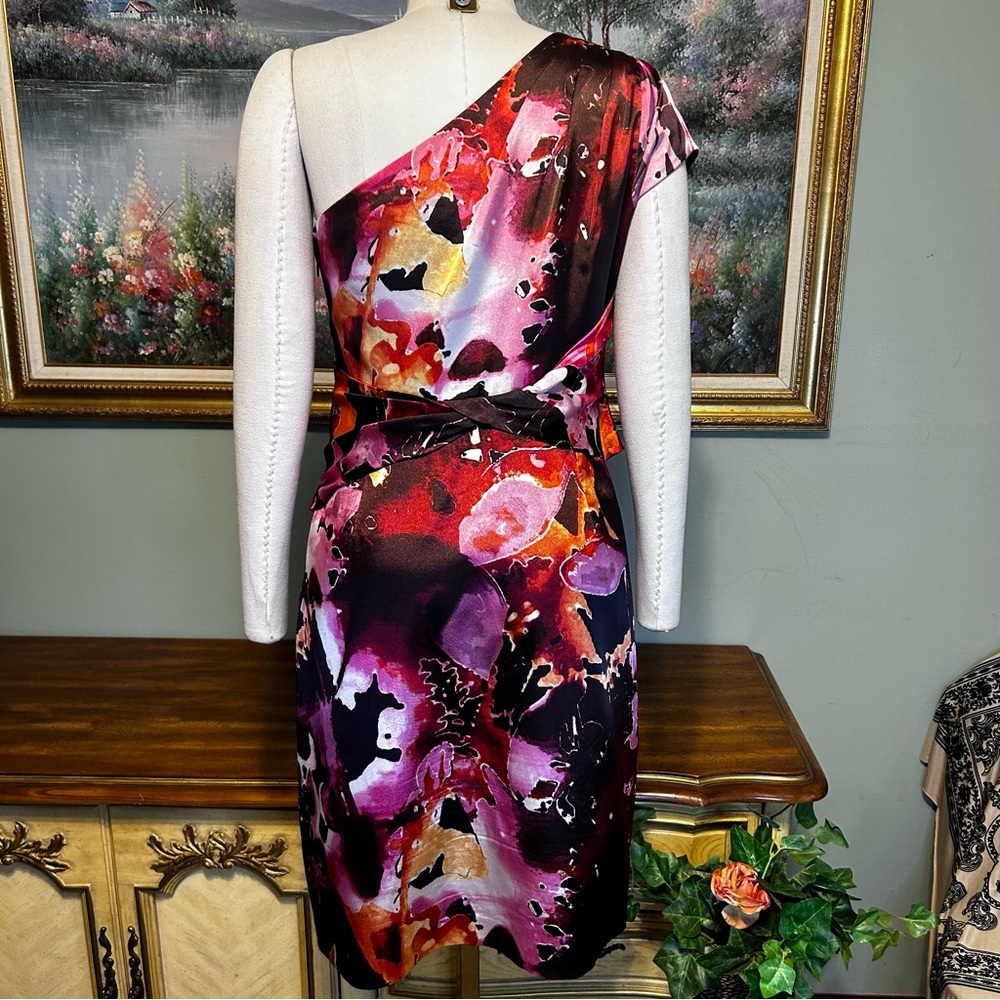 Tahari One Shoulder Black Purple Pink Lilac Danika One Shoulder Floral Dress - Picture 12 of 15